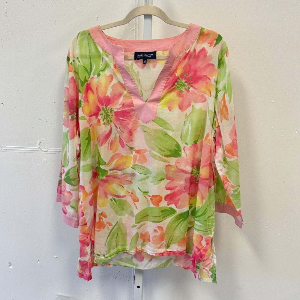 Jones New York Signature Woman 1X Floral Cotton Tunic Top Pink Green 3/4 Sleeve
